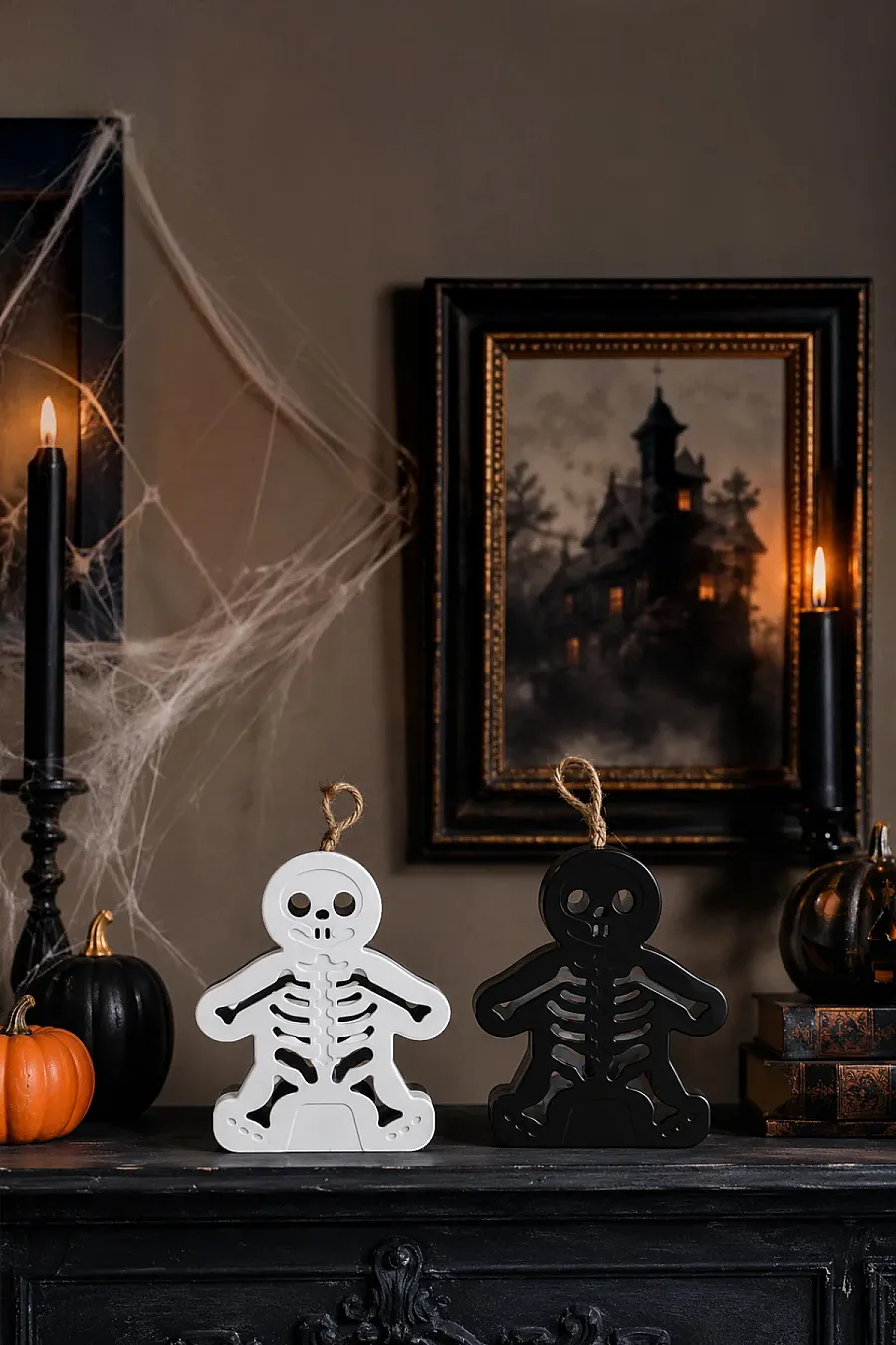 Cadılar Bayramı Halloween Işıklı Masa Süsü İskelet Figür Siyah Beyaz - 4