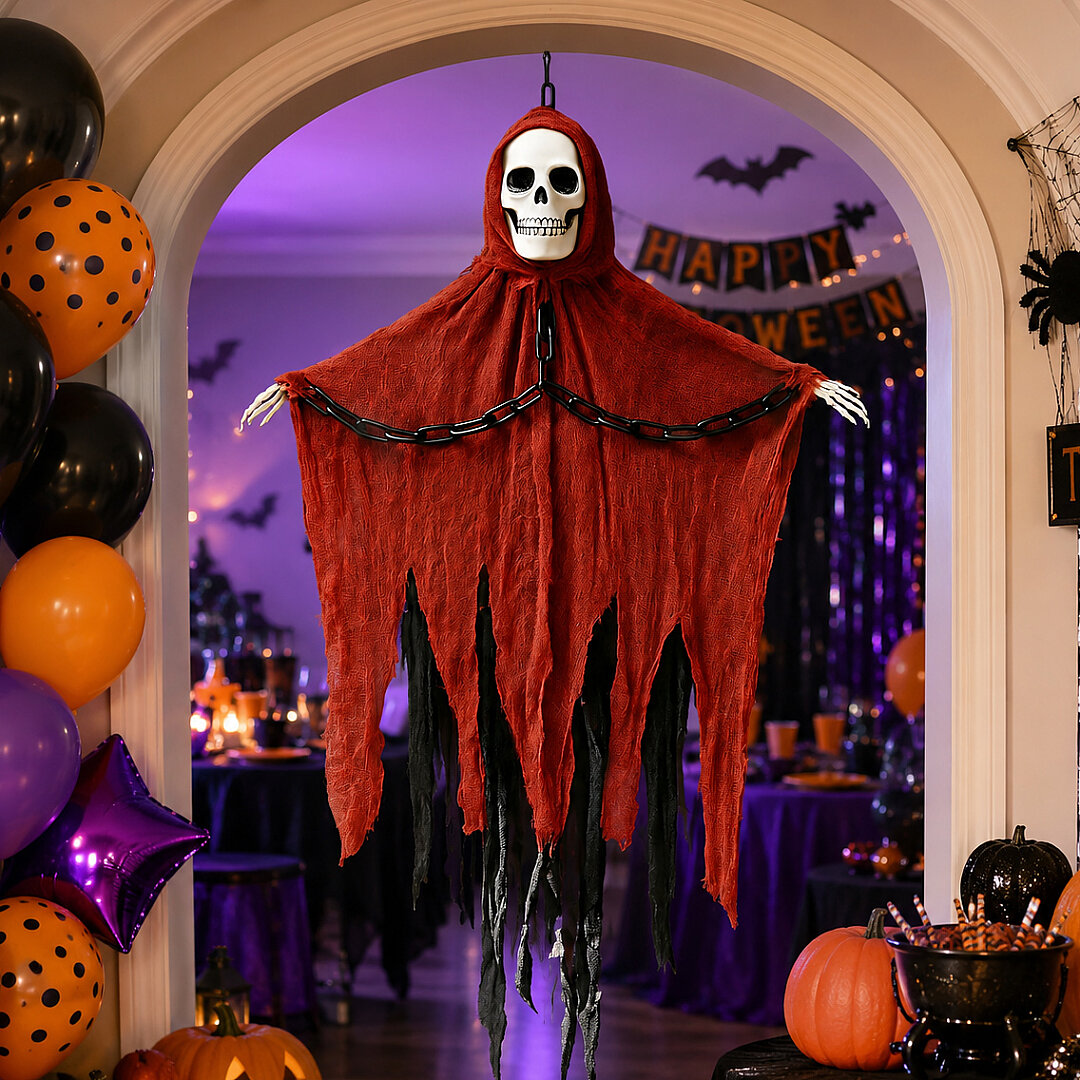 Beysüs Cadılar Bayramı Halloween Işıklı Sesli Kırmızı İskelet Tavan Süsü - 3