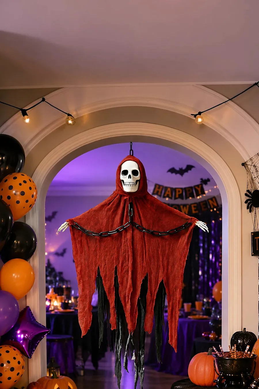 Cadılar Bayramı Halloween Işıklı Sesli Kırmızı İskelet Tavan Süsü - 1