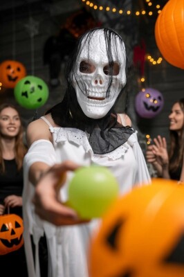 Beysüs Cadılar Bayramı Halloween Maske İskelet Kuru Kafa Tüllü Siyah Beyaz - 4