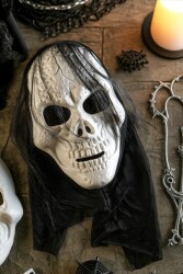 Beysüs Cadılar Bayramı Halloween Maske İskelet Kuru Kafa Tüllü Siyah Beyaz - 5