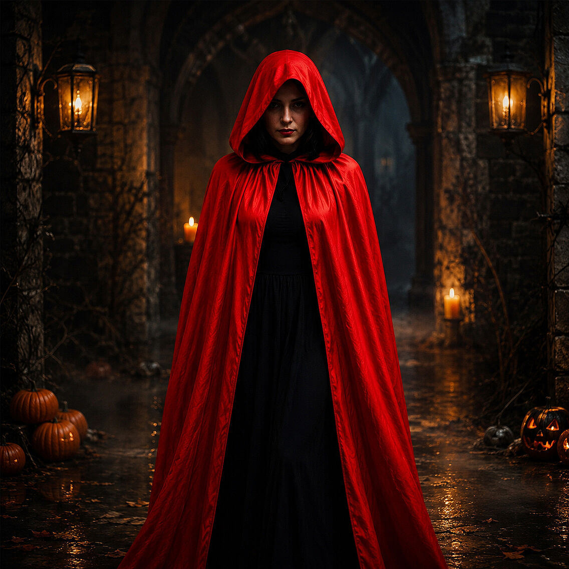 Cadılar Bayramı Halloween Şapkalı Pelerin Kırmızı Siyah 140 cm - 3