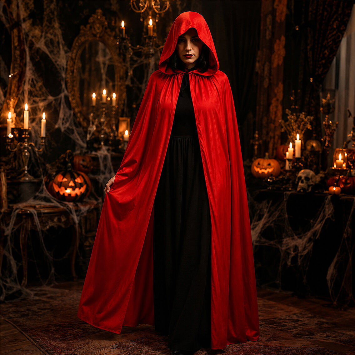 Cadılar Bayramı Halloween Şapkalı Pelerin Kırmızı Siyah 140 cm - 4