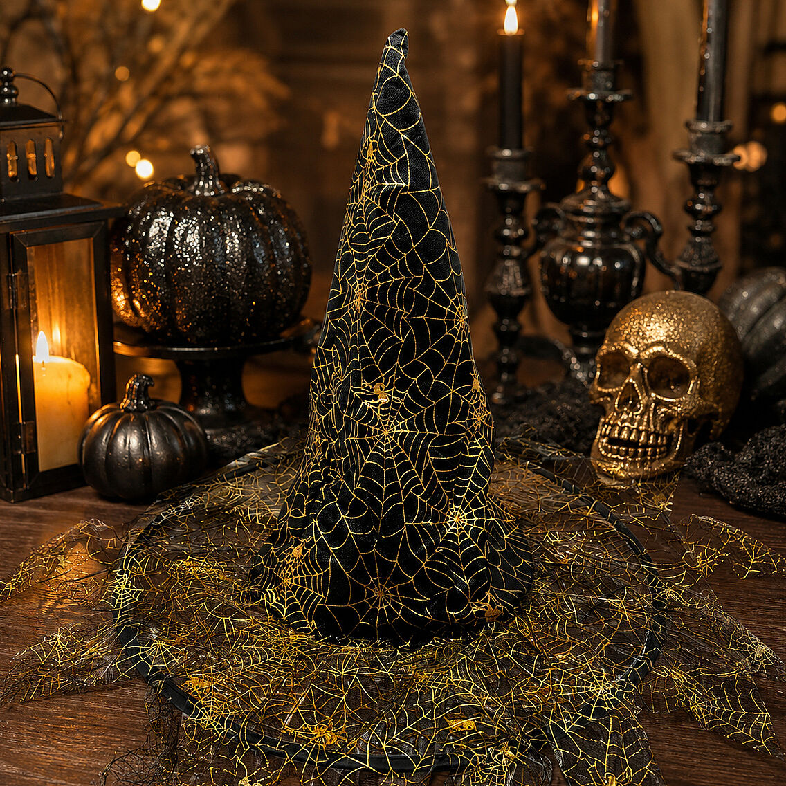 Beysüs Halloween Cadı Şapkası Gold Tüllü - 2