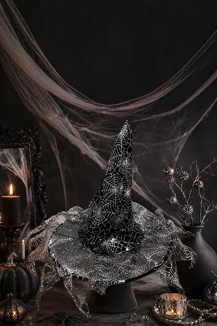 Halloween Cadı Şapkası Gümüş Tüllü - 4