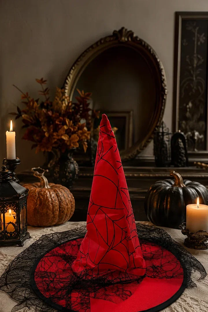 Halloween Cadı Şapkası Kırmızı Tüllü - 4