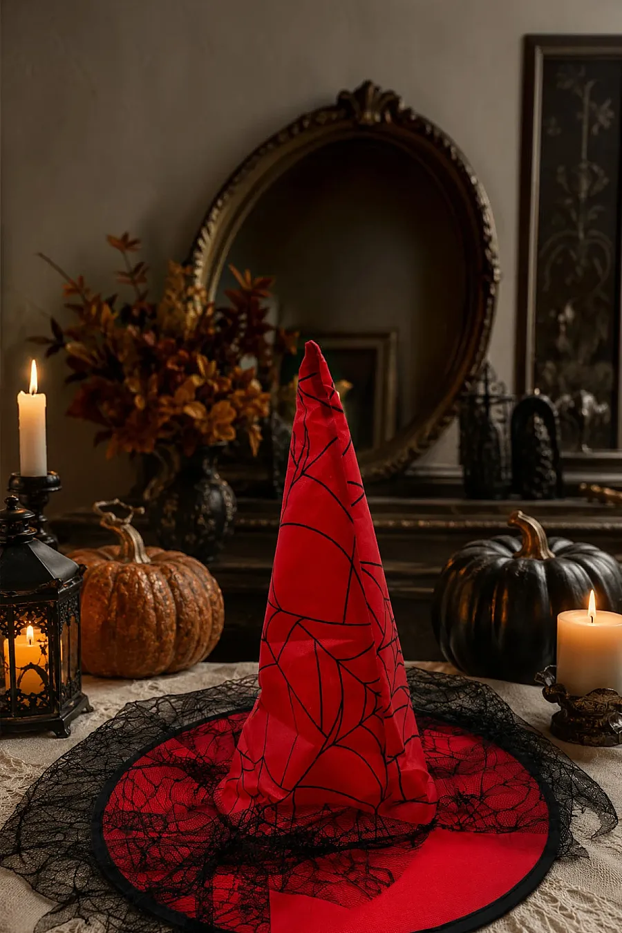 Halloween Cadı Şapkası Kırmızı Tüllü - 4