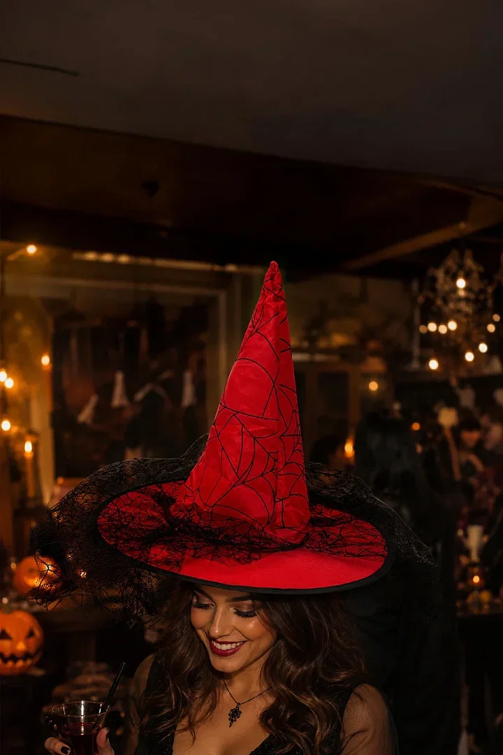 Halloween Cadı Şapkası Kırmızı Tüllü - 1