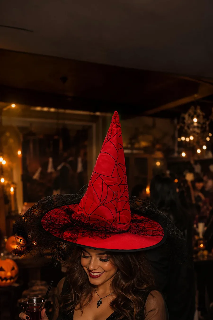 Halloween Cadı Şapkası Kırmızı Tüllü - 1