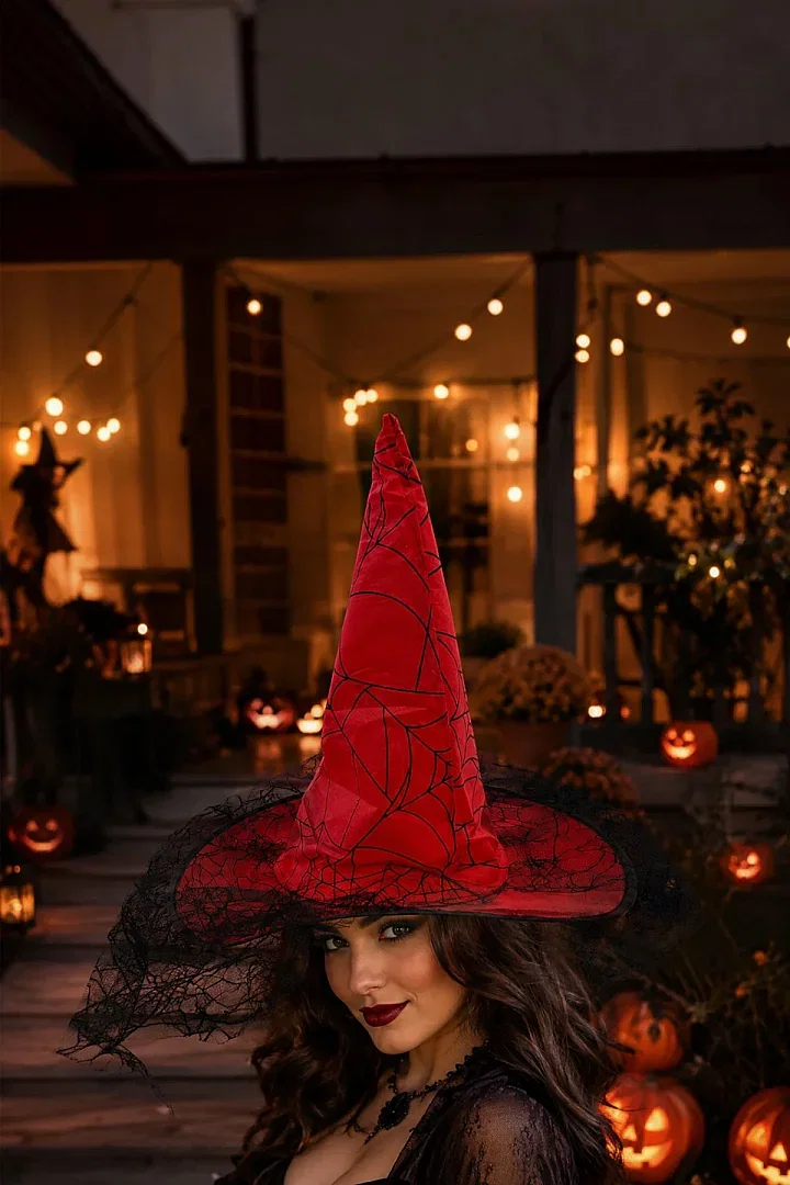 Halloween Cadı Şapkası Kırmızı Tüllü - 2