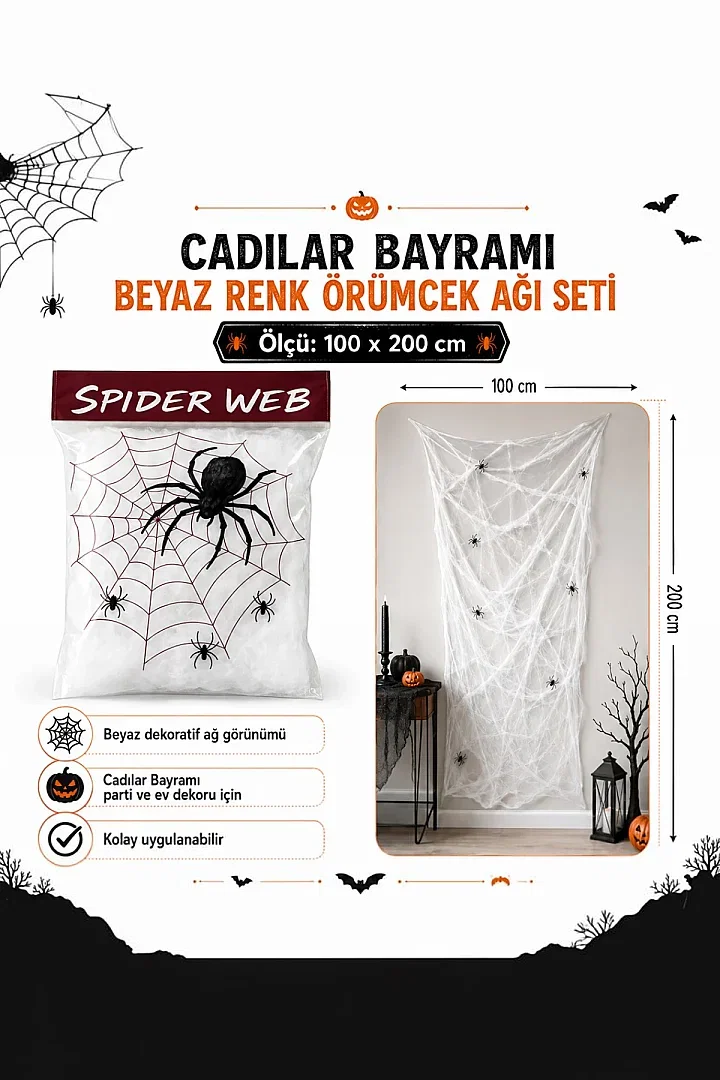 Halloween Cadılar Bayramı Beyaz Renk Örümcek Ağı Seti - 2