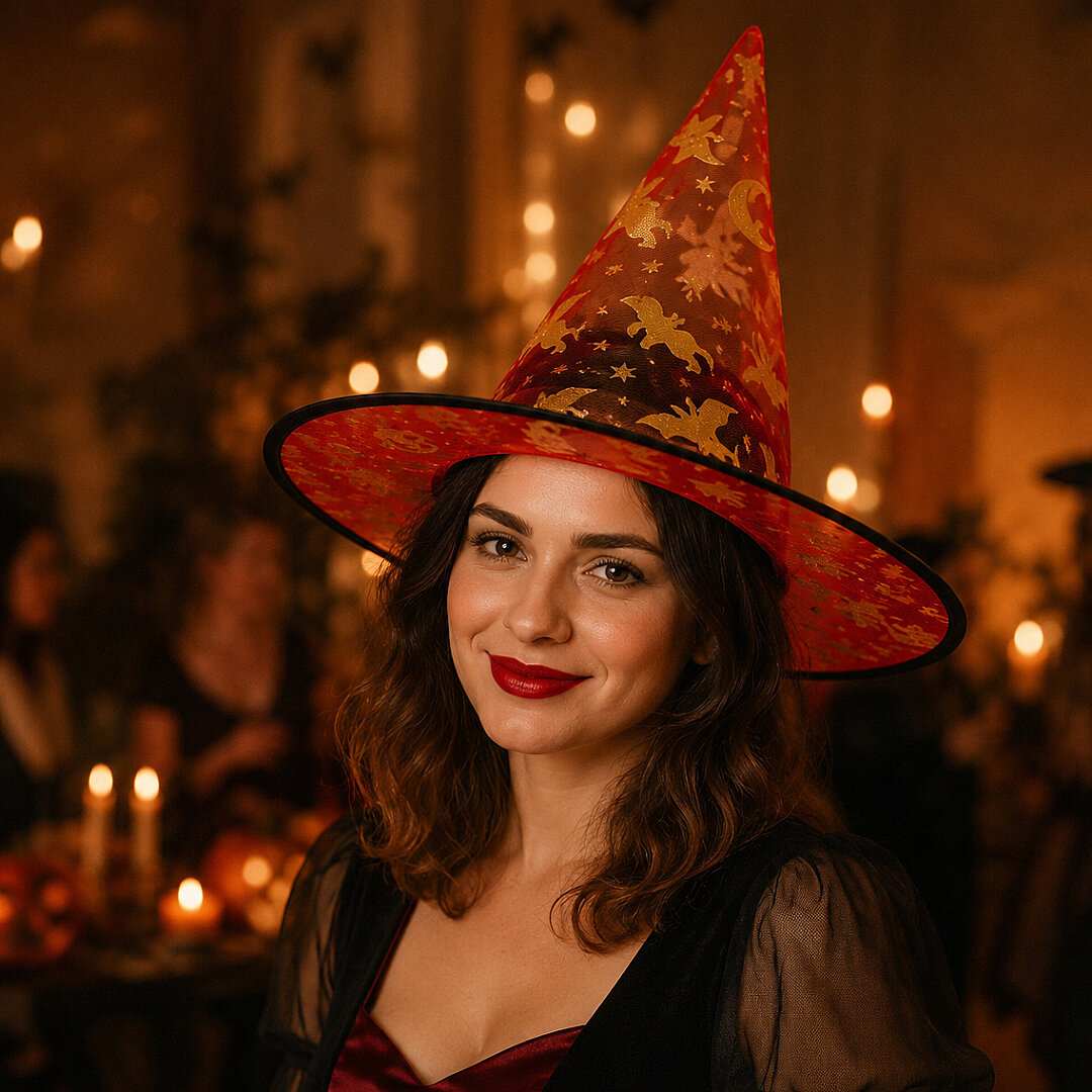 Beysüs Halloween Cadılar Bayramı Cadı Şapkası Kırmızı Gold Şeffaf Tüllü - 1