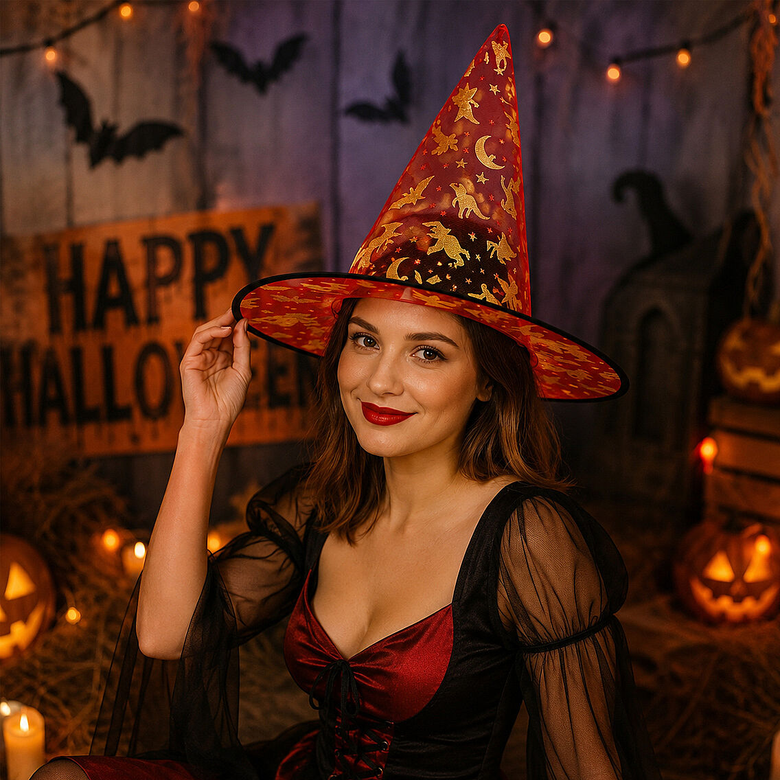 Beysüs Halloween Cadılar Bayramı Cadı Şapkası Kırmızı Gold Şeffaf Tüllü - 3