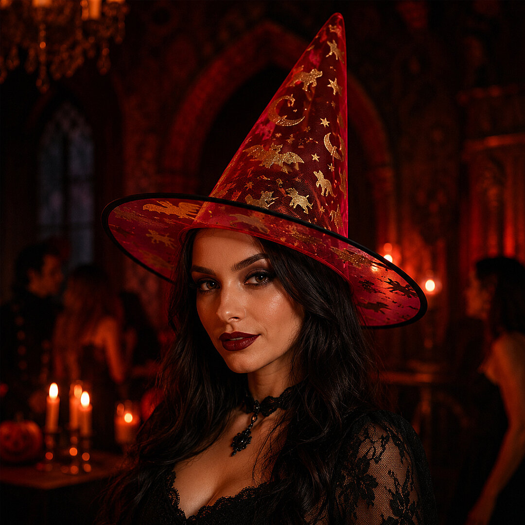 Beysüs Halloween Cadılar Bayramı Cadı Şapkası Kırmızı Gold Şeffaf Tüllü - 4
