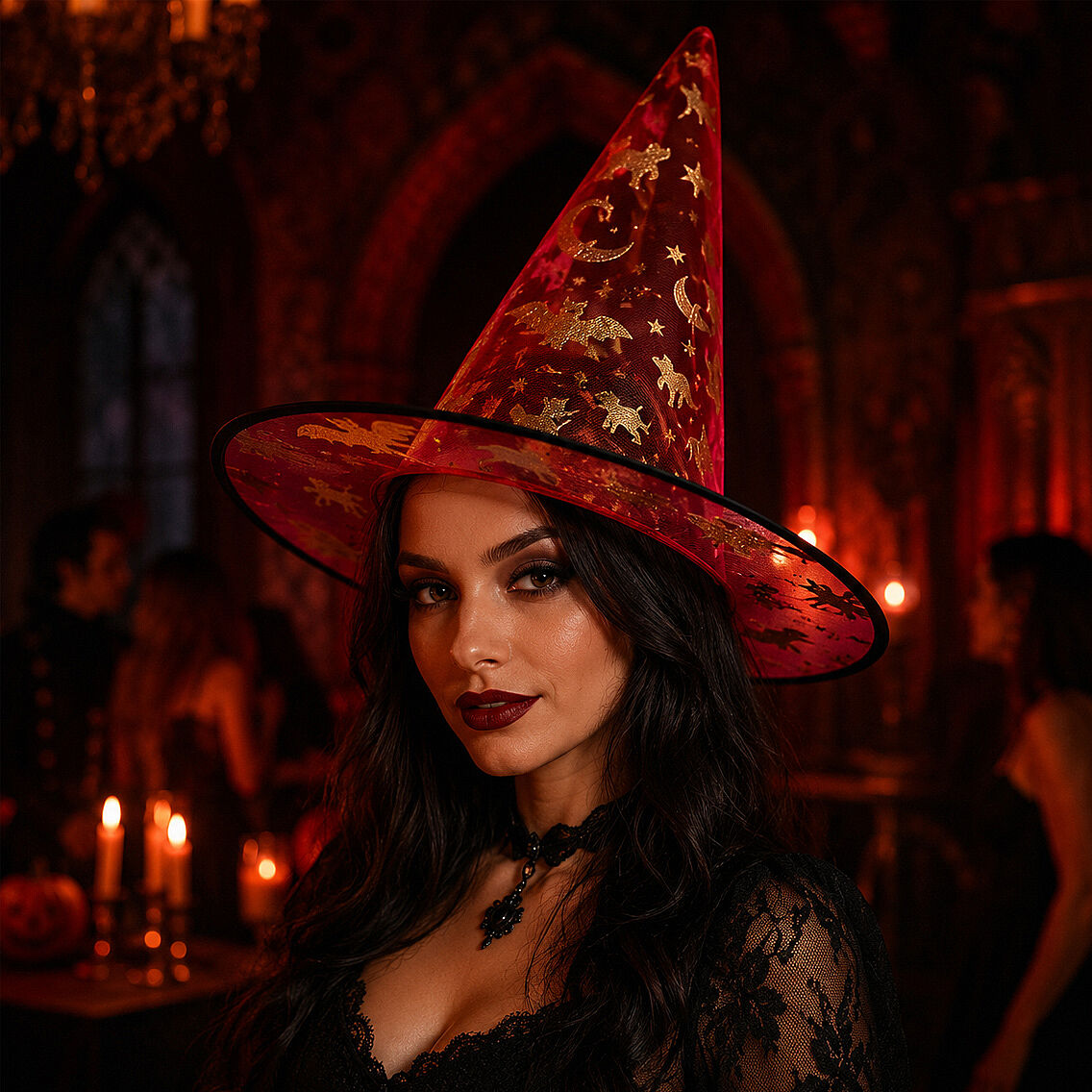 Beysüs Halloween Cadılar Bayramı Cadı Şapkası Kırmızı Gold Şeffaf Tüllü - 4