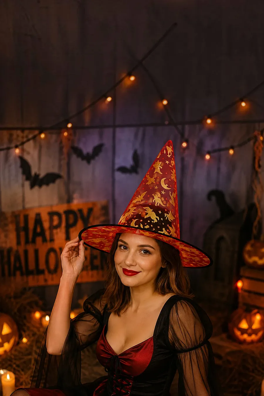 Halloween Cadılar Bayramı Cadı Şapkası Kırmızı Gold Şeffaf Tüllü - 4
