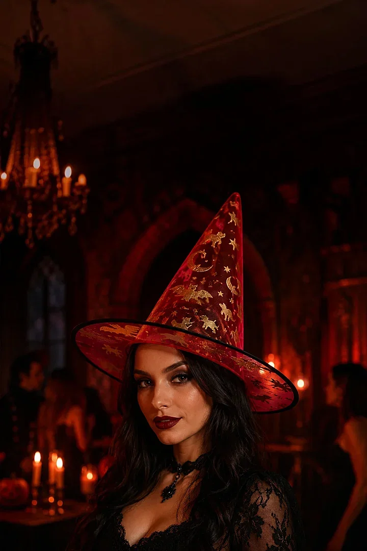 Halloween Cadılar Bayramı Cadı Şapkası Kırmızı Gold Şeffaf Tüllü - 2