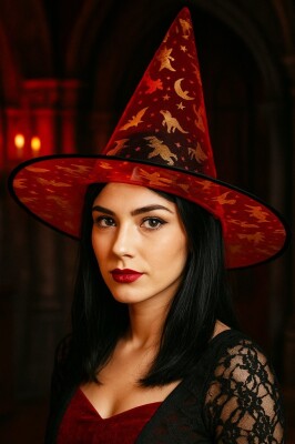 Beysüs Halloween Cadılar Bayramı Cadı Şapkası Kırmızı Gold Şeffaf Tüllü - 1