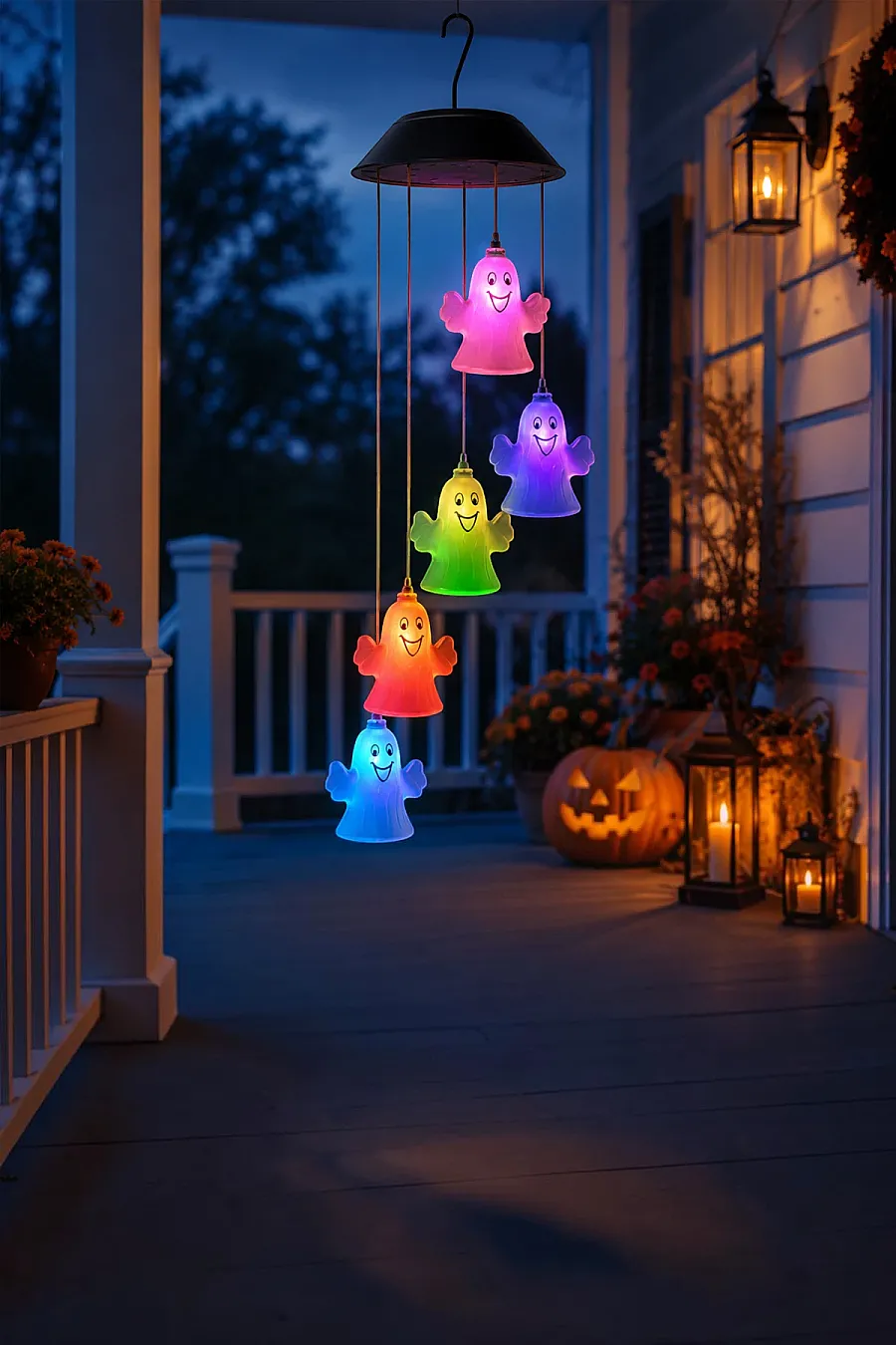 Halloween Cadılar Bayramı Güneş Enerjili Renkli LED Işıklı Asma HAYALET Dekor 6’lı - 3