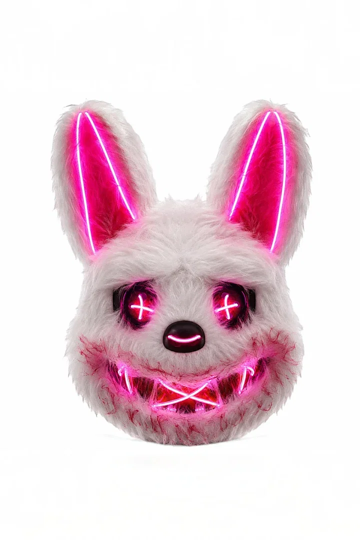 Halloween Cadılar Bayramı LED Işıklı Korkunç Tavşan Maske Beyaz Pembe - 2