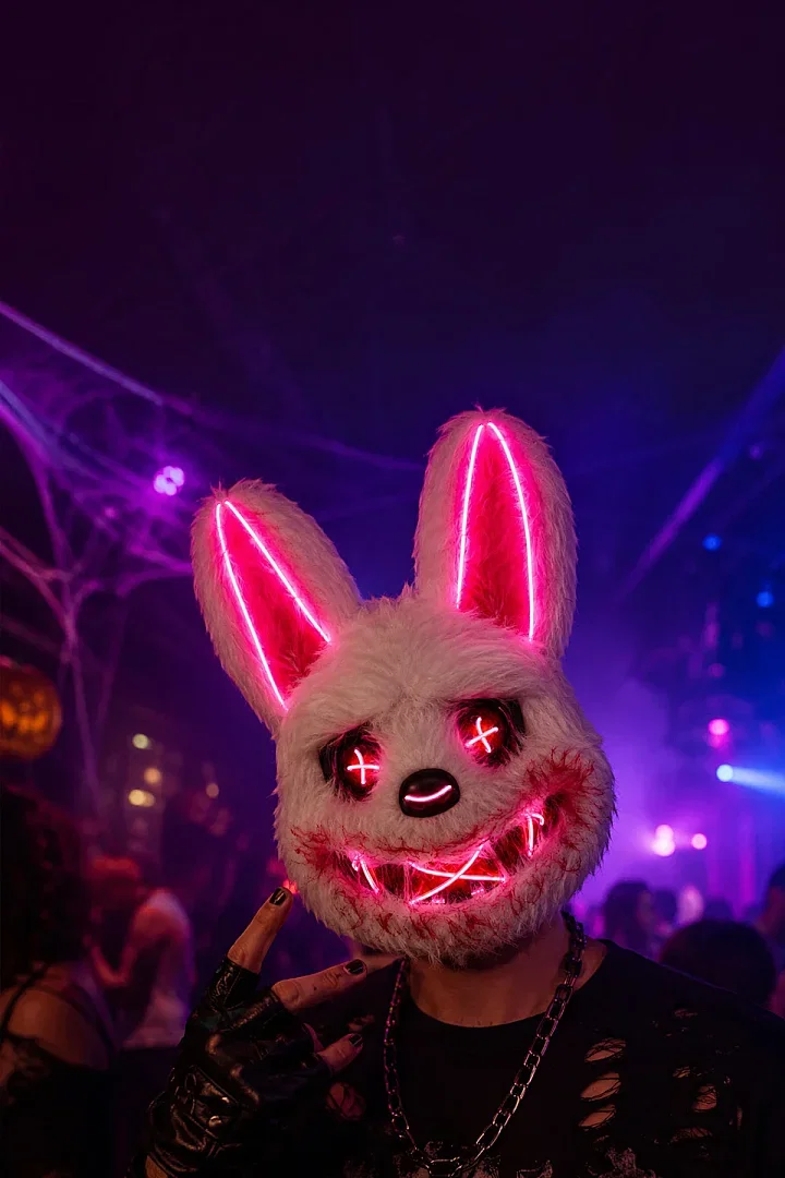Halloween Cadılar Bayramı LED Işıklı Korkunç Tavşan Maske Beyaz Pembe - 1