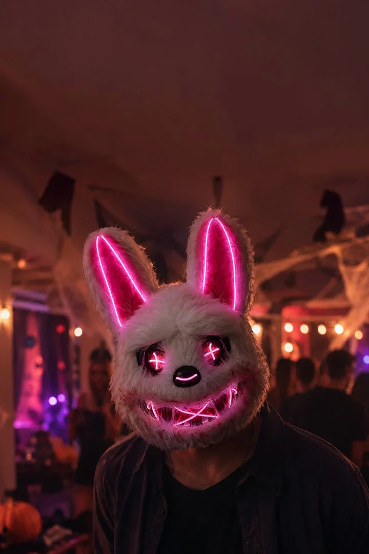 Halloween Cadılar Bayramı LED Işıklı Korkunç Tavşan Maske Beyaz Pembe - 4
