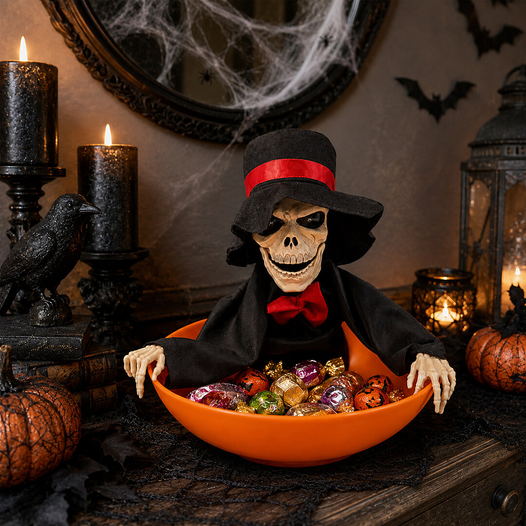Beysüs Halloween Cadılar Bayramı Şeker Kovası Hareket Sensörlü Kuru Kafa - 3