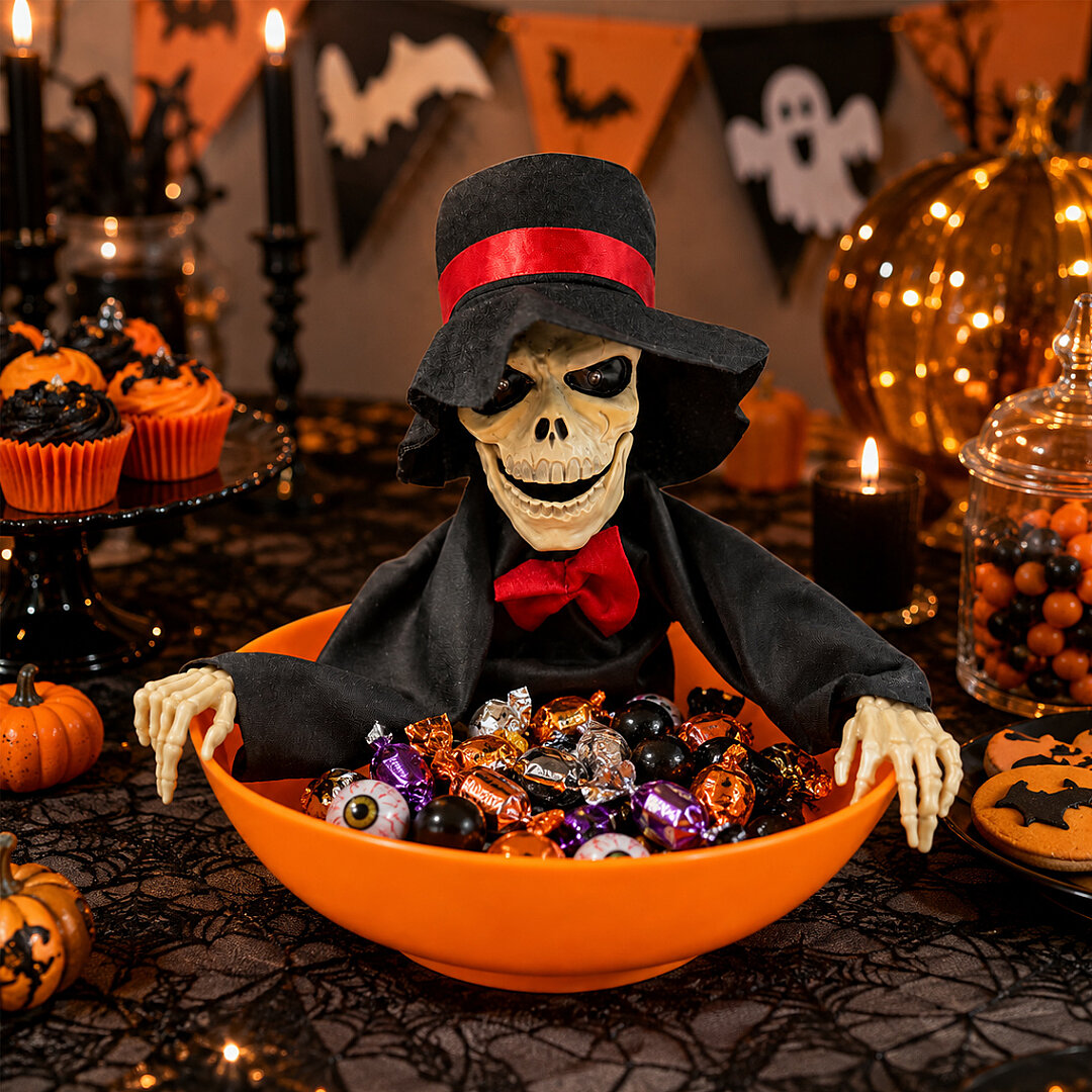 Beysüs Halloween Cadılar Bayramı Şeker Kovası Hareket Sensörlü Kuru Kafa - 4
