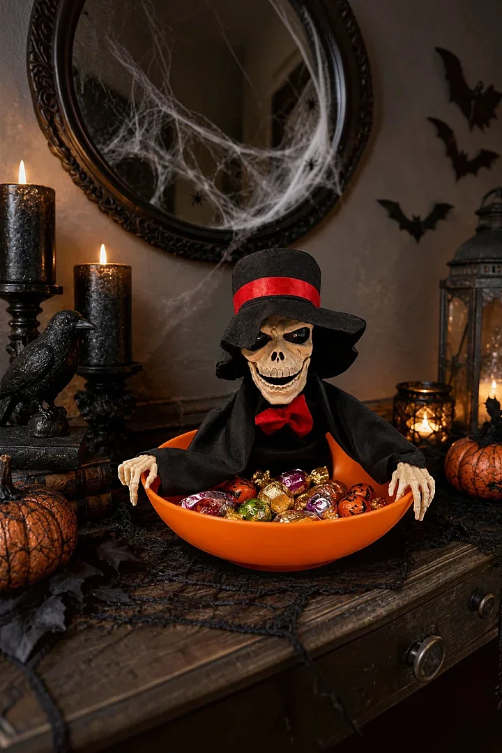 Halloween Cadılar Bayramı Şeker Kovası Hareket Sensörlü Kuru Kafa - 3