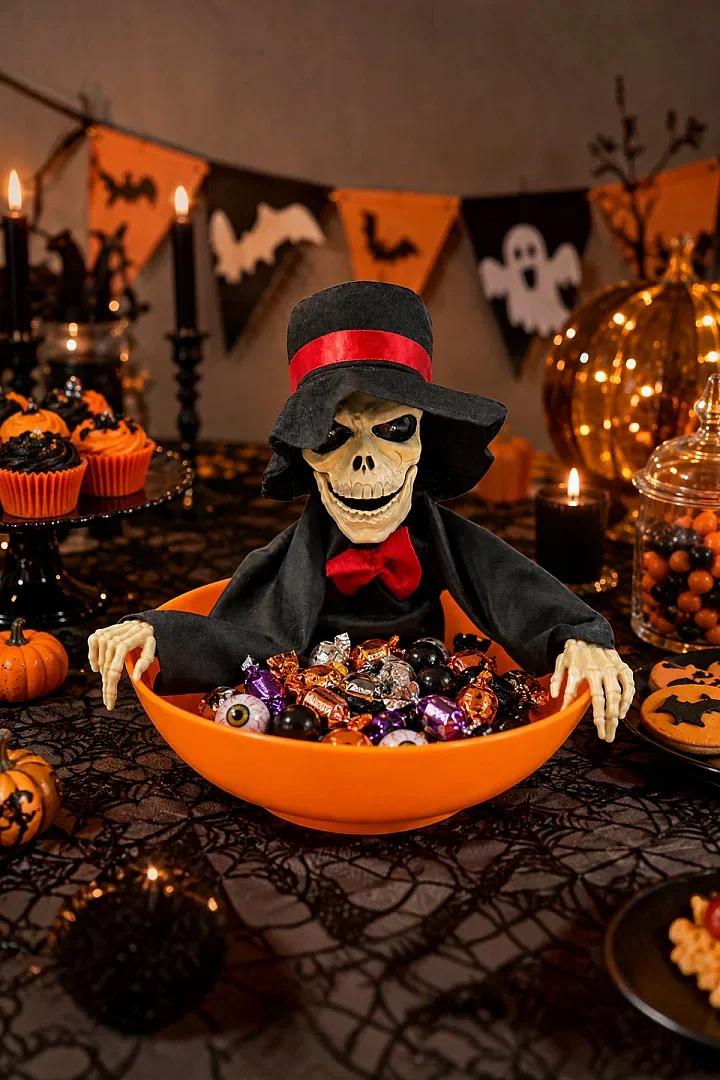 Halloween Cadılar Bayramı Şeker Kovası Hareket Sensörlü Kuru Kafa - 5