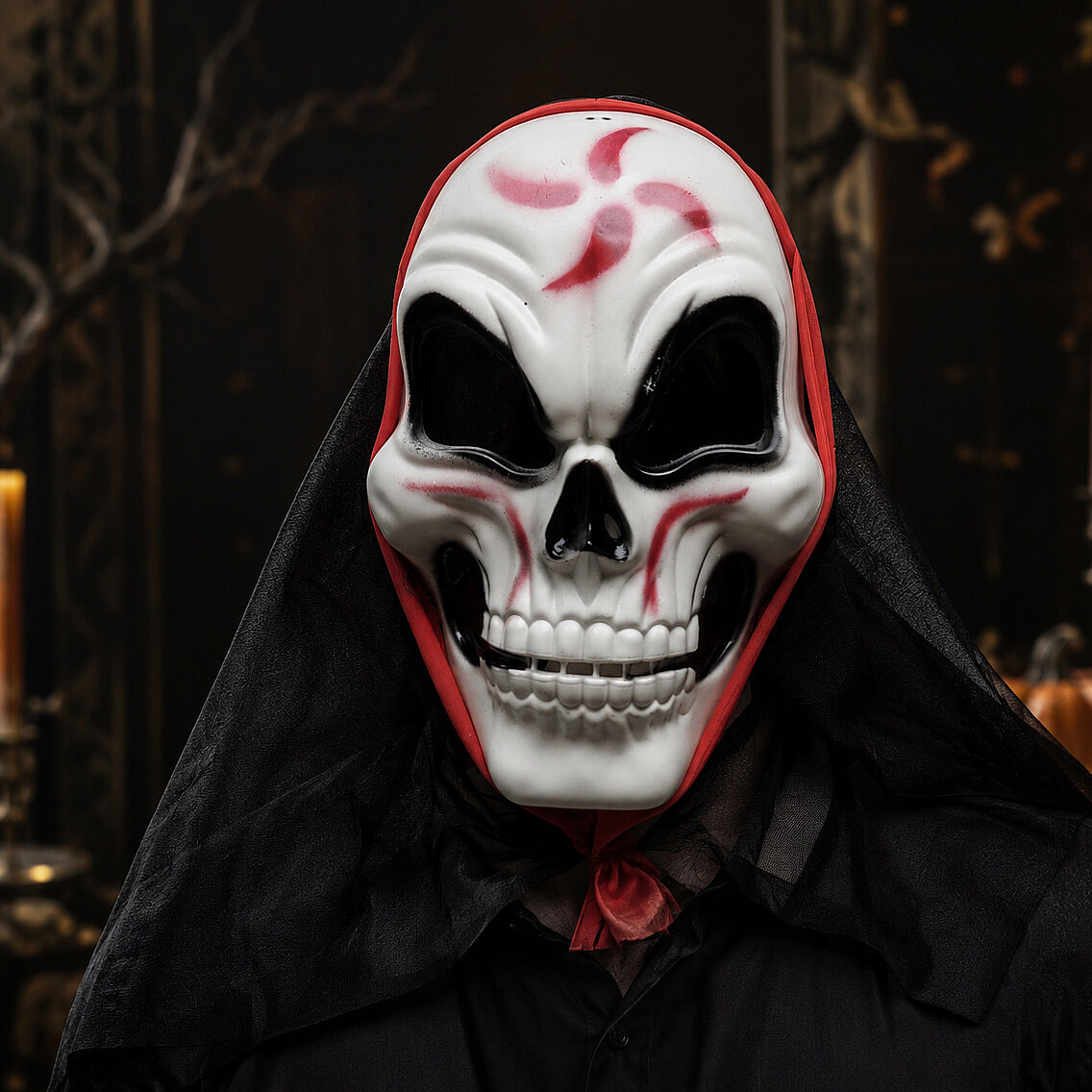 Halloween Maske İskelet Tüllü Kırmızı Beyaz - 3