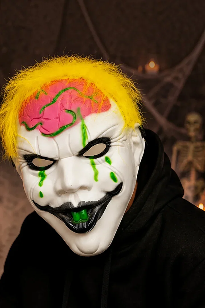 Halloween Maske Palyaço Pembe Beyin Sarı Saç - 1
