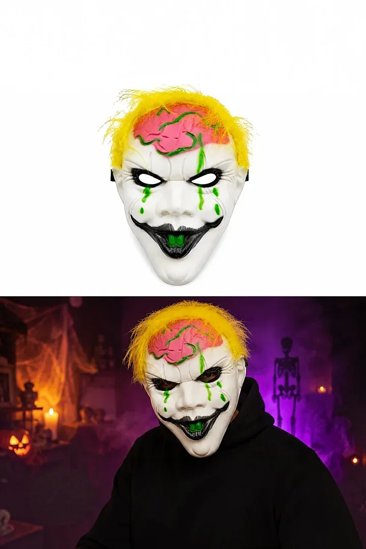 Halloween Maske Palyaço Pembe Beyin Sarı Saç - 2