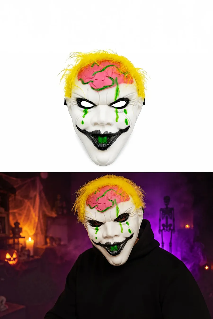 Halloween Maske Palyaço Pembe Beyin Sarı Saç - 2