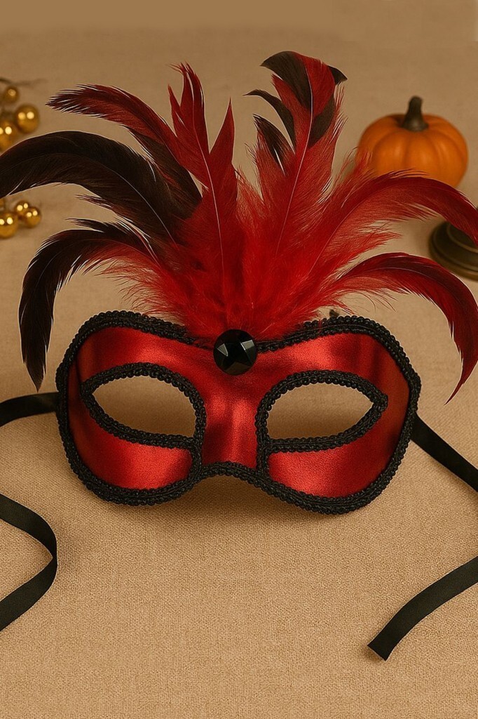 Beysüs Kırmızı Tüylü Parti Balo Maske - 2