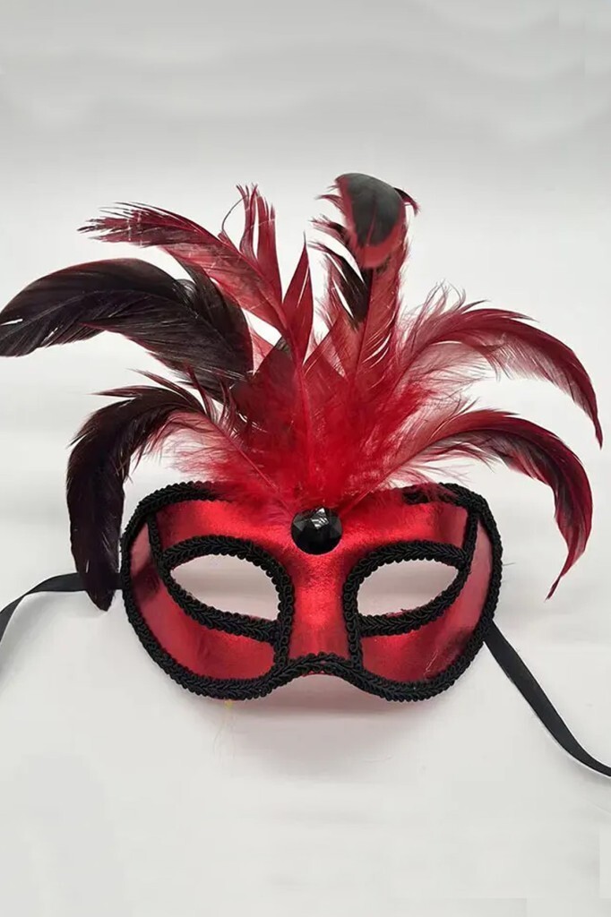 Beysüs Kırmızı Tüylü Parti Balo Maske - 5