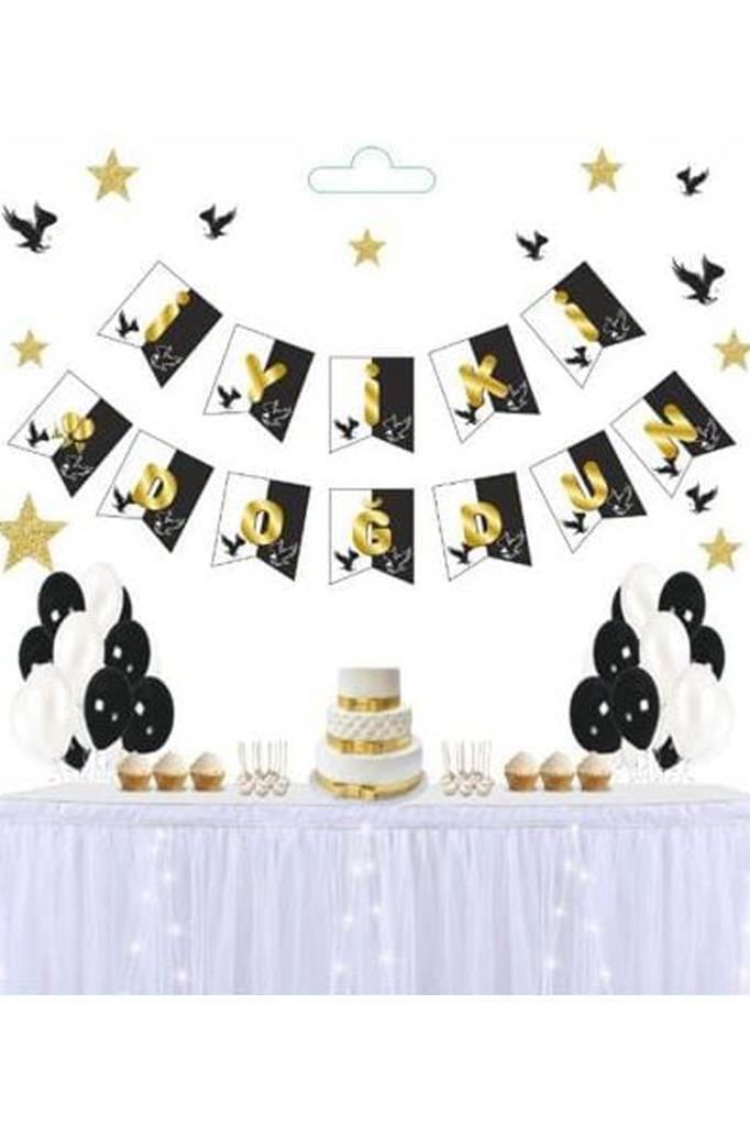 Beysüs Siyah Beyaz Üstüne Gold Altın Yaldızlı İyiki Doğdun Yazılı Karton İpli Yazı Banner - 1