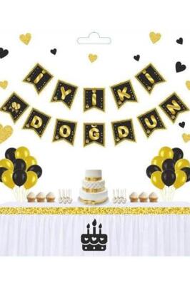 Beysüs Siyah Üstüne Gold Altın Yaldızlı İyiki Doğdun Yazılı Desenli Karton İpli Yazı Banner - 1