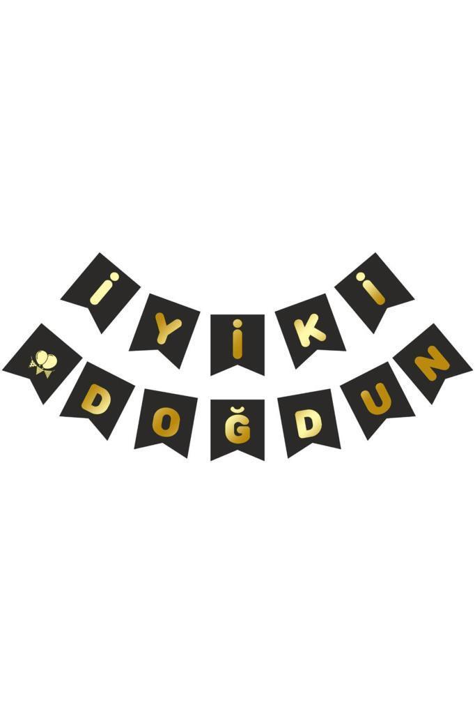 Beysüs Siyah Üstüne Gold Altın Yaldızlı İyiki Doğdun Yazılı Karton İpli Yazı Banner - 1