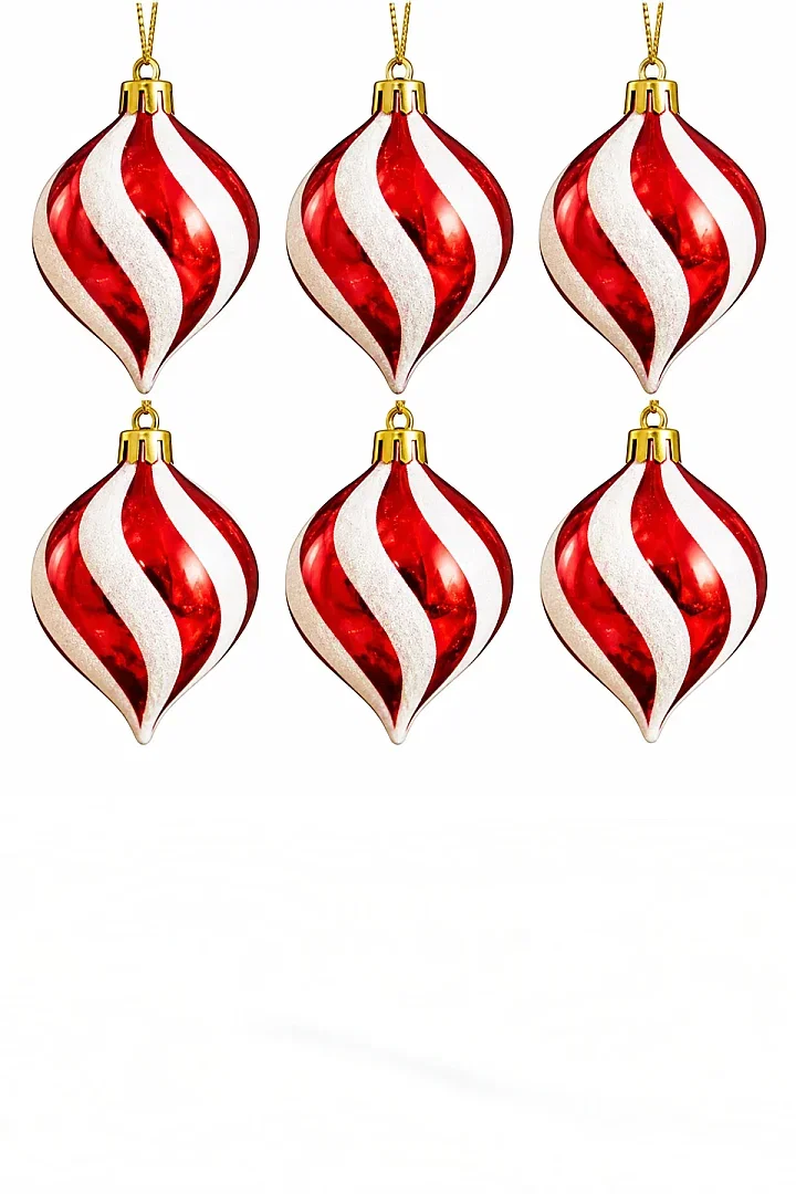Yılbaşı Ağacı Süsü Kırmızı Beyaz Spiral Desenli 6'lı Set - 5