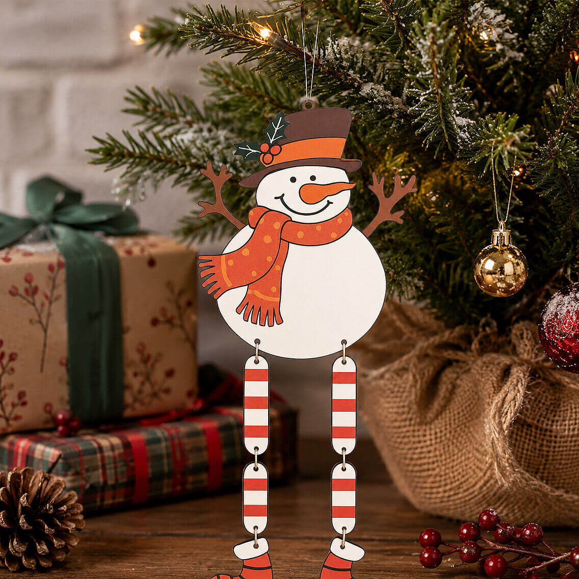 Yılbaşı Ağacı Süsü Sallanan Bacaklı Ahşap Kardan Adam 27 cm - 4