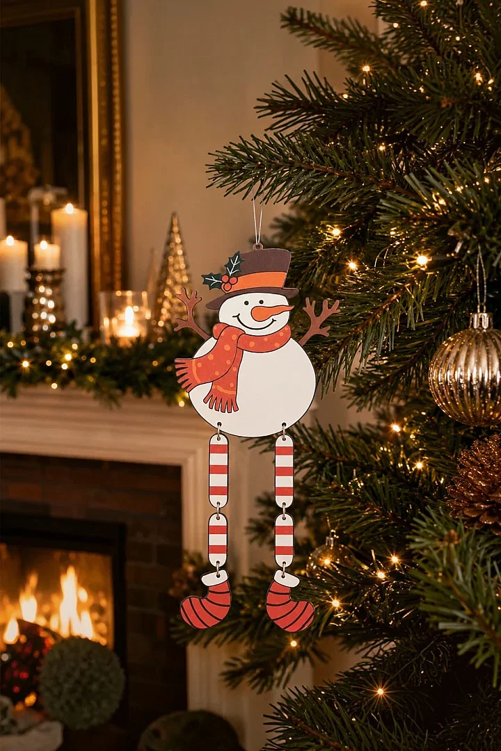 Yılbaşı Ağacı Süsü Sallanan Bacaklı Ahşap Kardan Adam 27 cm - 4