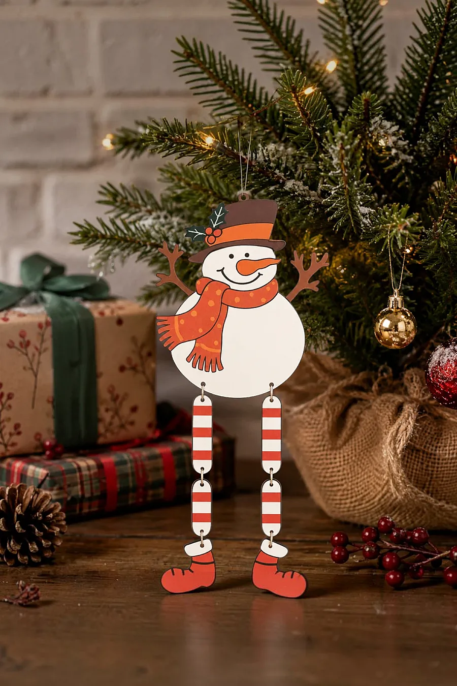 Yılbaşı Ağacı Süsü Sallanan Bacaklı Ahşap Kardan Adam 27 cm - 3