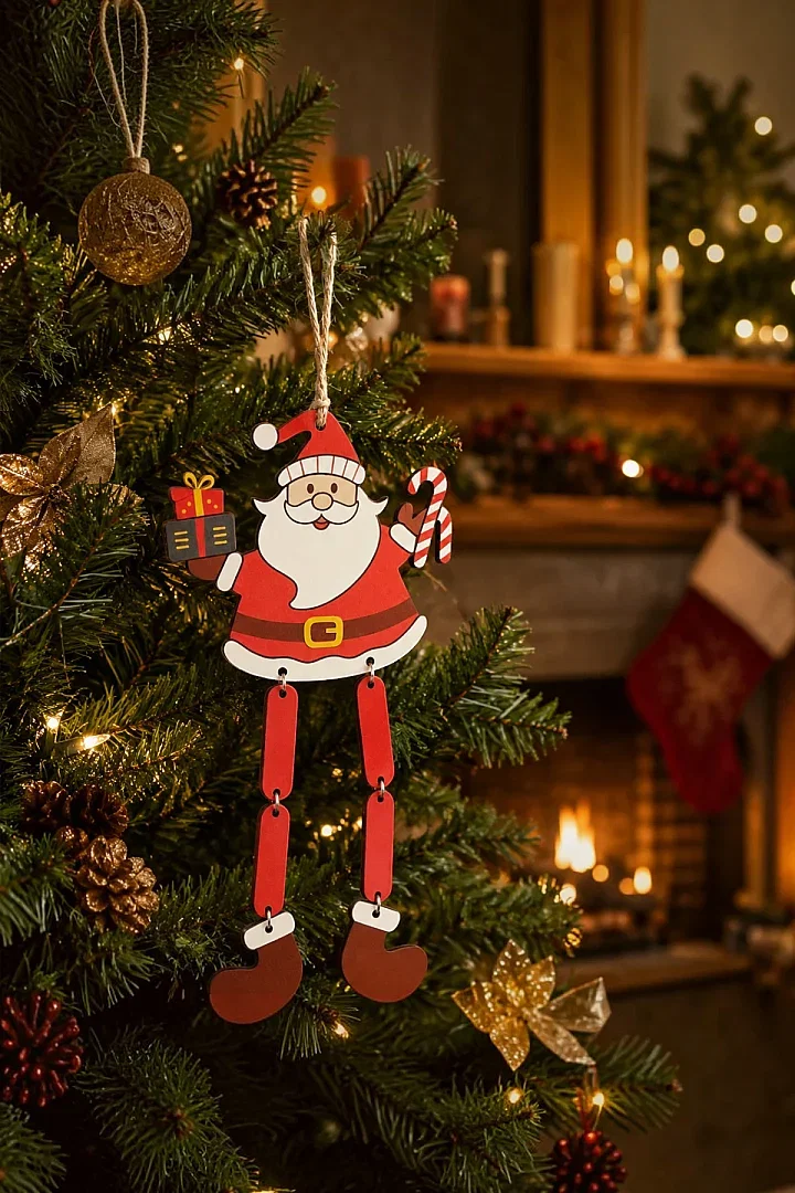 Yılbaşı Ağacı Süsü Sallanan Bacaklı Ahşap NOEL BABA 27 cm - 1