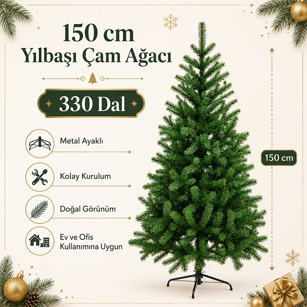 Beysüs Yılbaşı Çam Ağacı 150 cm 330 Dal Metal Ayaklı - 9