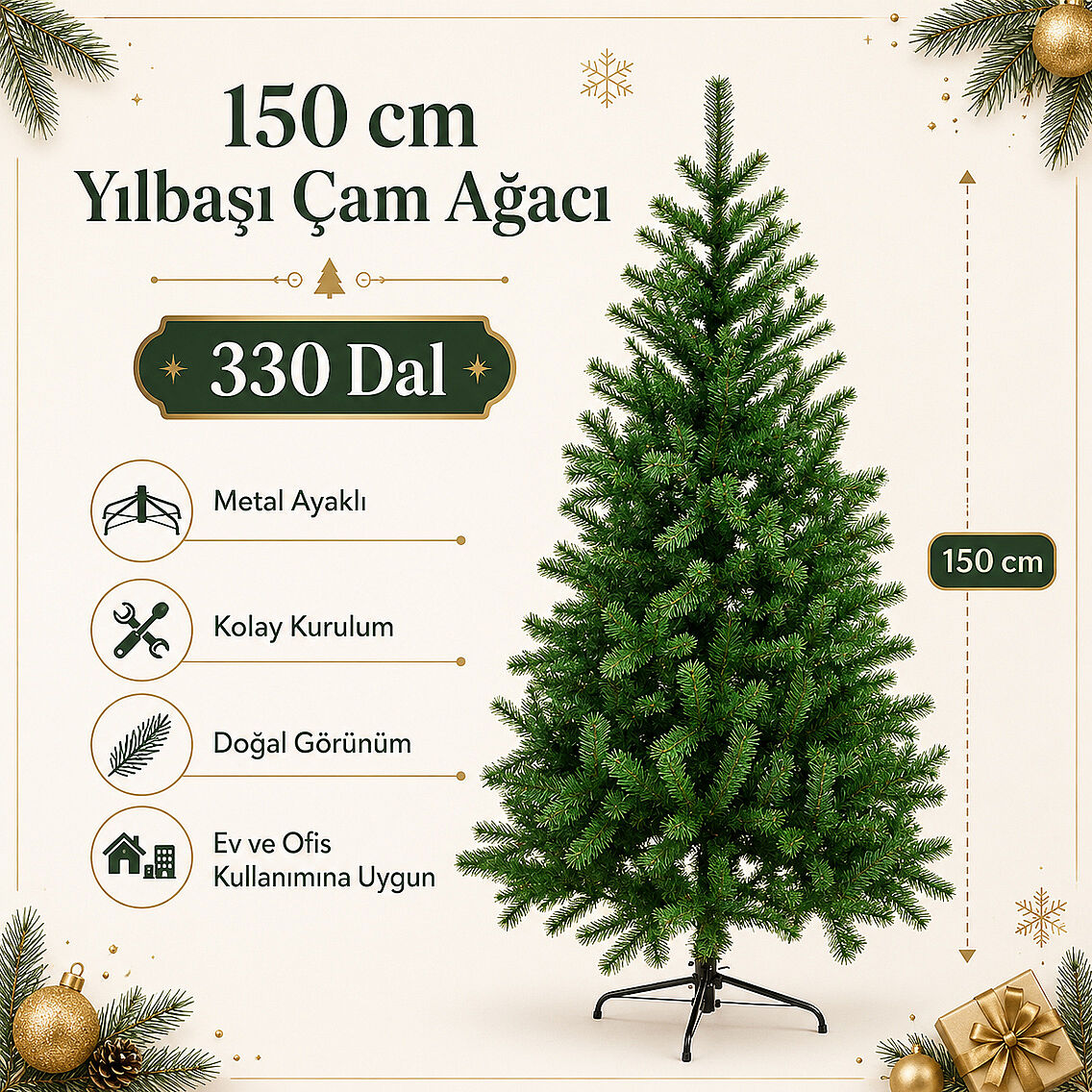 Beysüs Yılbaşı Çam Ağacı 150 cm 330 Dal Metal Ayaklı - 9