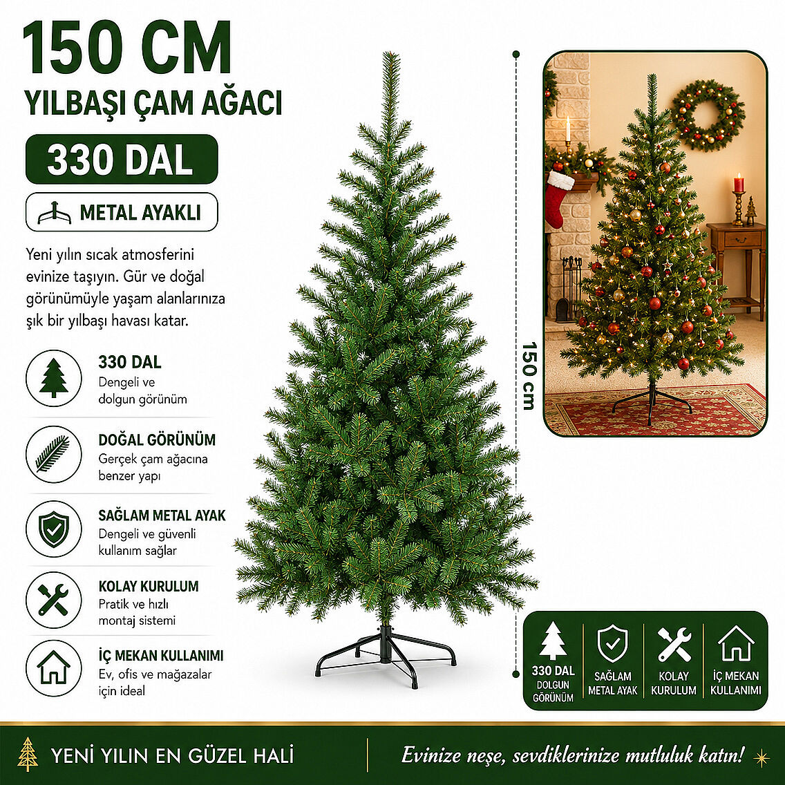 Beysüs Yılbaşı Çam Ağacı 150 cm 330 Dal Metal Ayaklı - 4