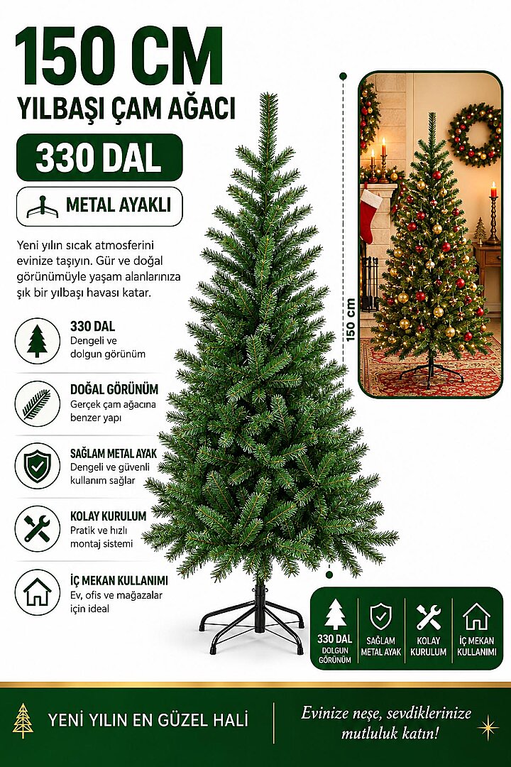 Beysüs Yılbaşı Çam Ağacı 150 cm 330 Dal Metal Ayaklı - 3