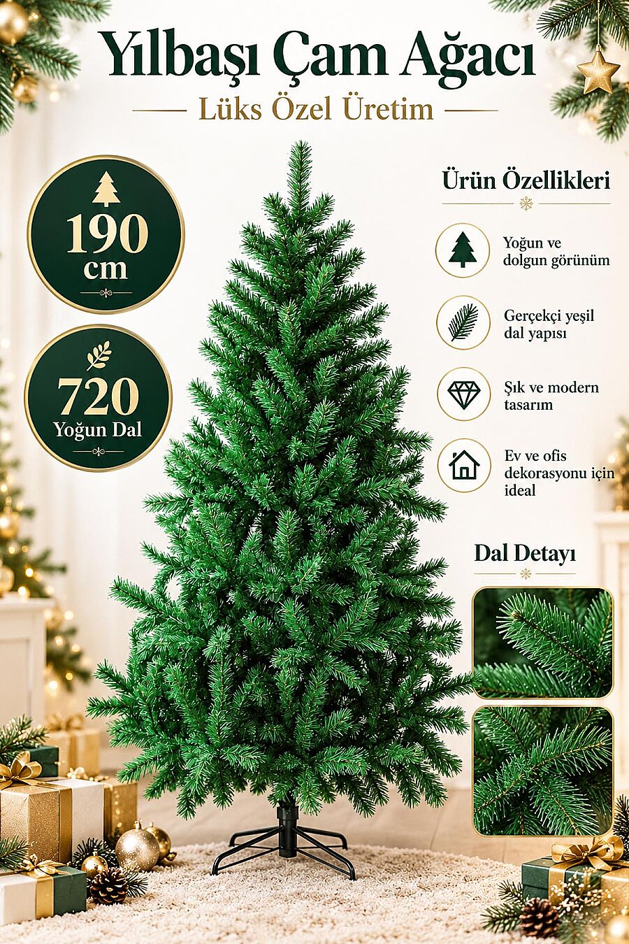 Beysüs Yılbaşı Çam Ağacı Lüks Özel Üretim 190 cm 720 Yoğun Dal - 4