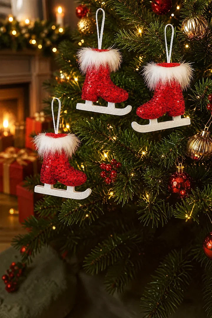 Yılbaşı Çam Ağacı Süsü 3’lü Kırmızı Buz Pateni 12 cm - 3